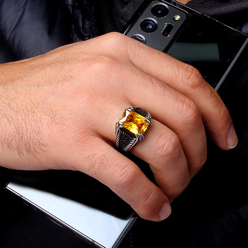 Bague en argent sterling 925 avec pierre de zircone jaune