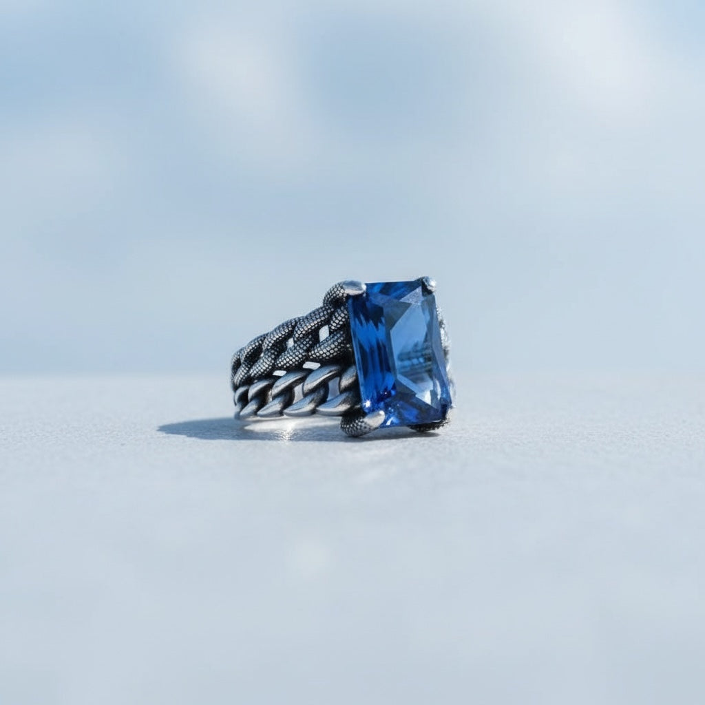 Bague homme en argent avec pierre bleue