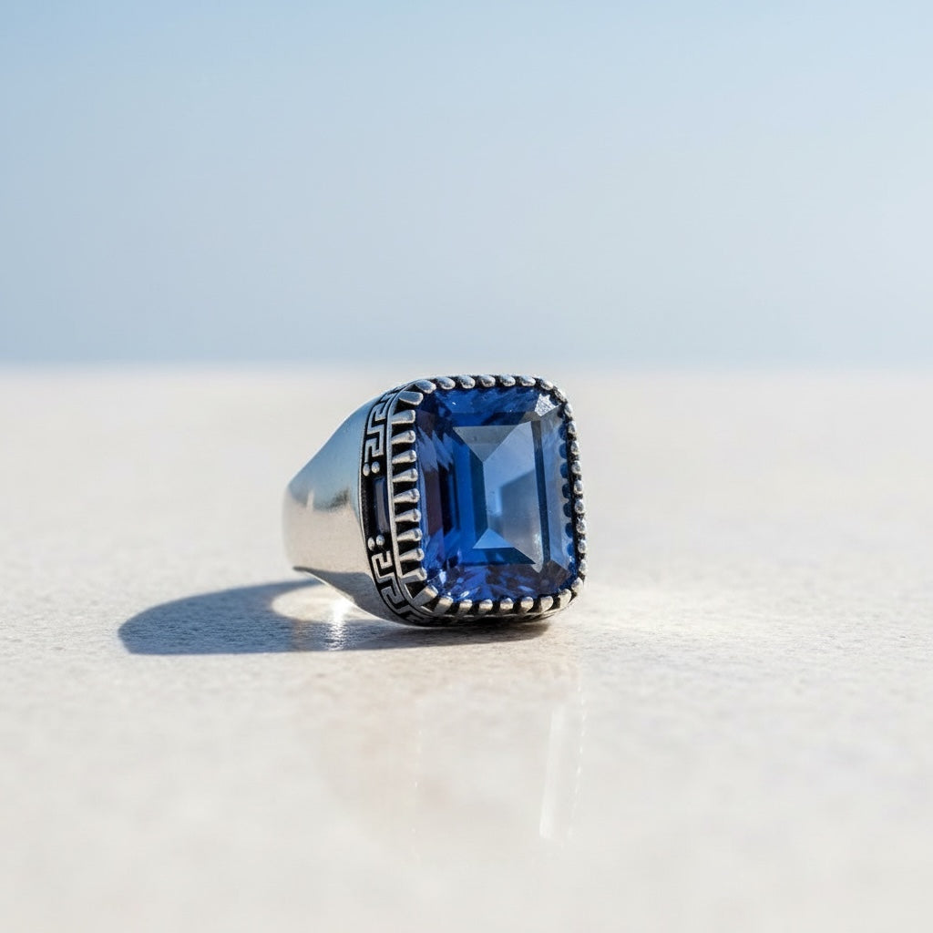 Bague homme en argent avec pierre bleue