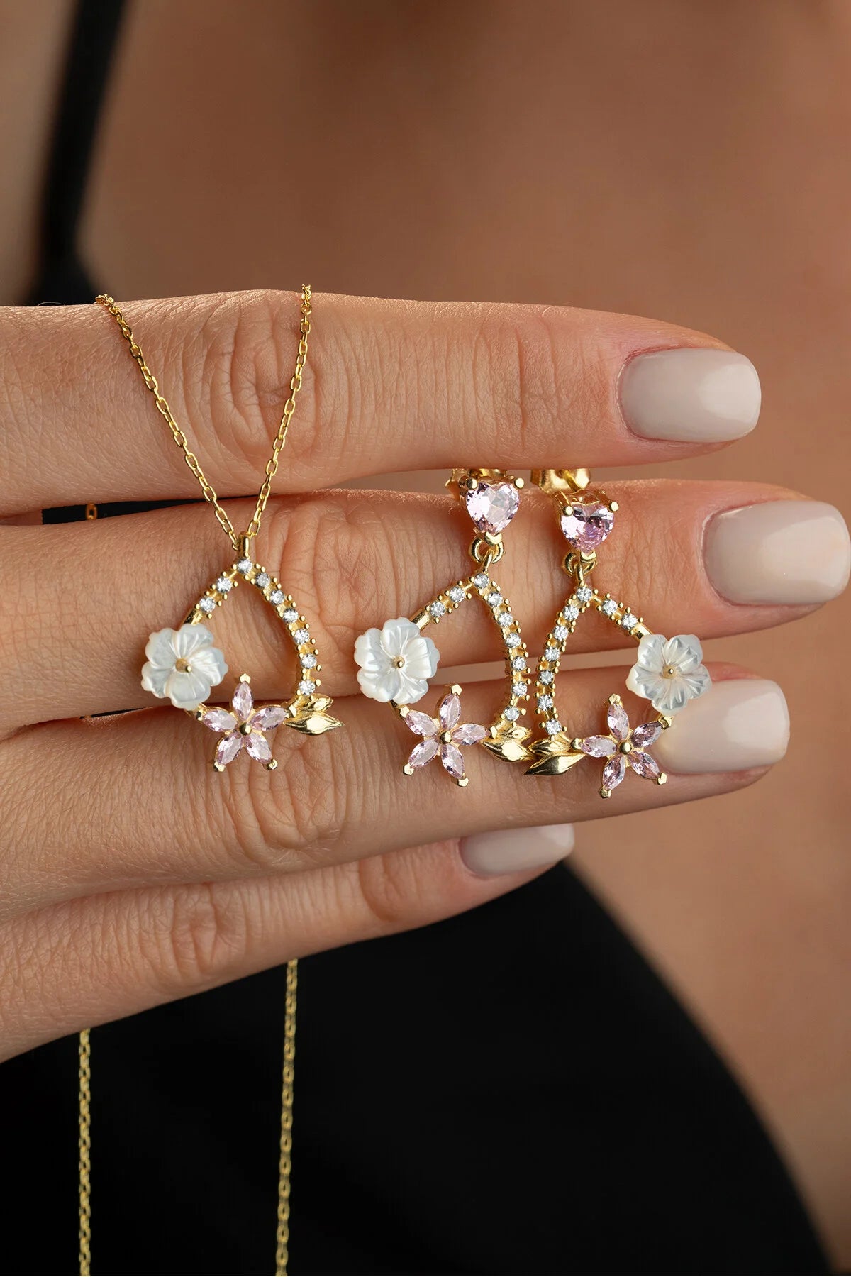 Parure Blossom Aurora en Argent avec Nacre et Pierres Roses