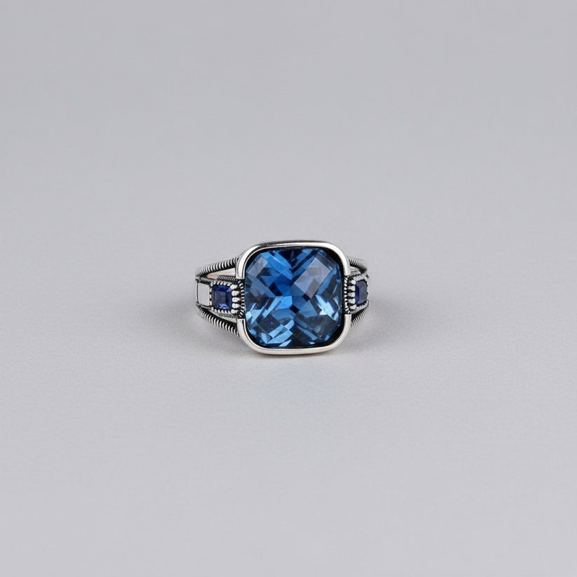 Bague pour homme en argent 925 avec pierre bleue