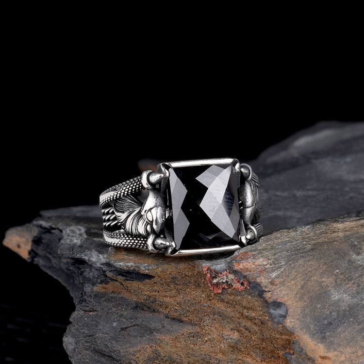 Bague pour homme en argent 925 avec motif aigle et pierre noire