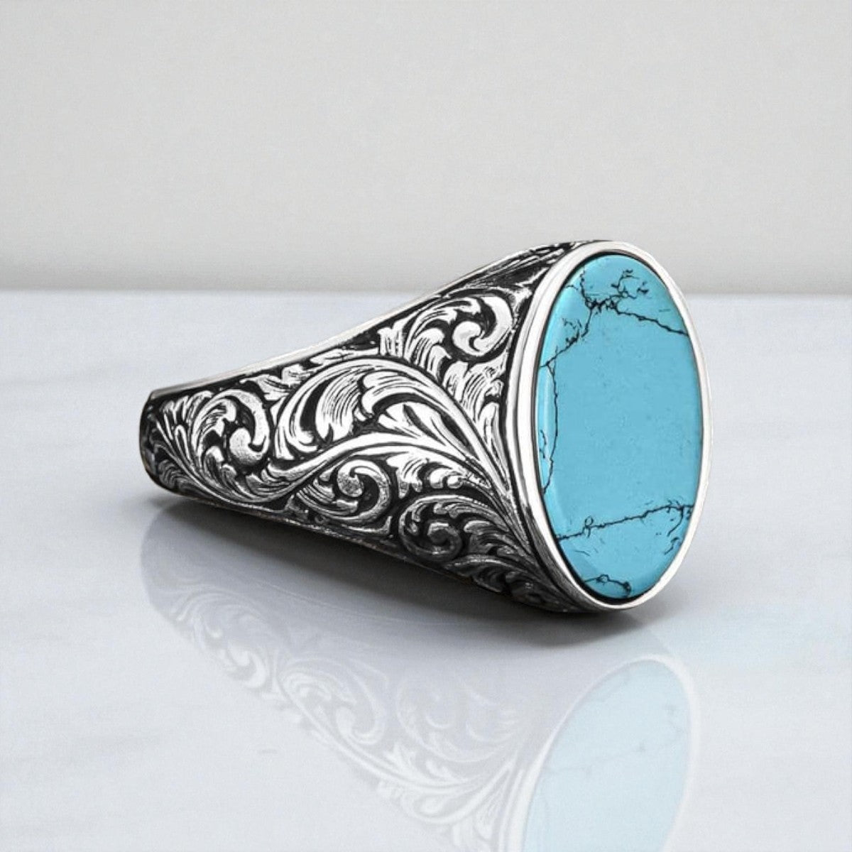 Bague pour homme en argent avec pierre turquoise ovale – Conception faite à la main