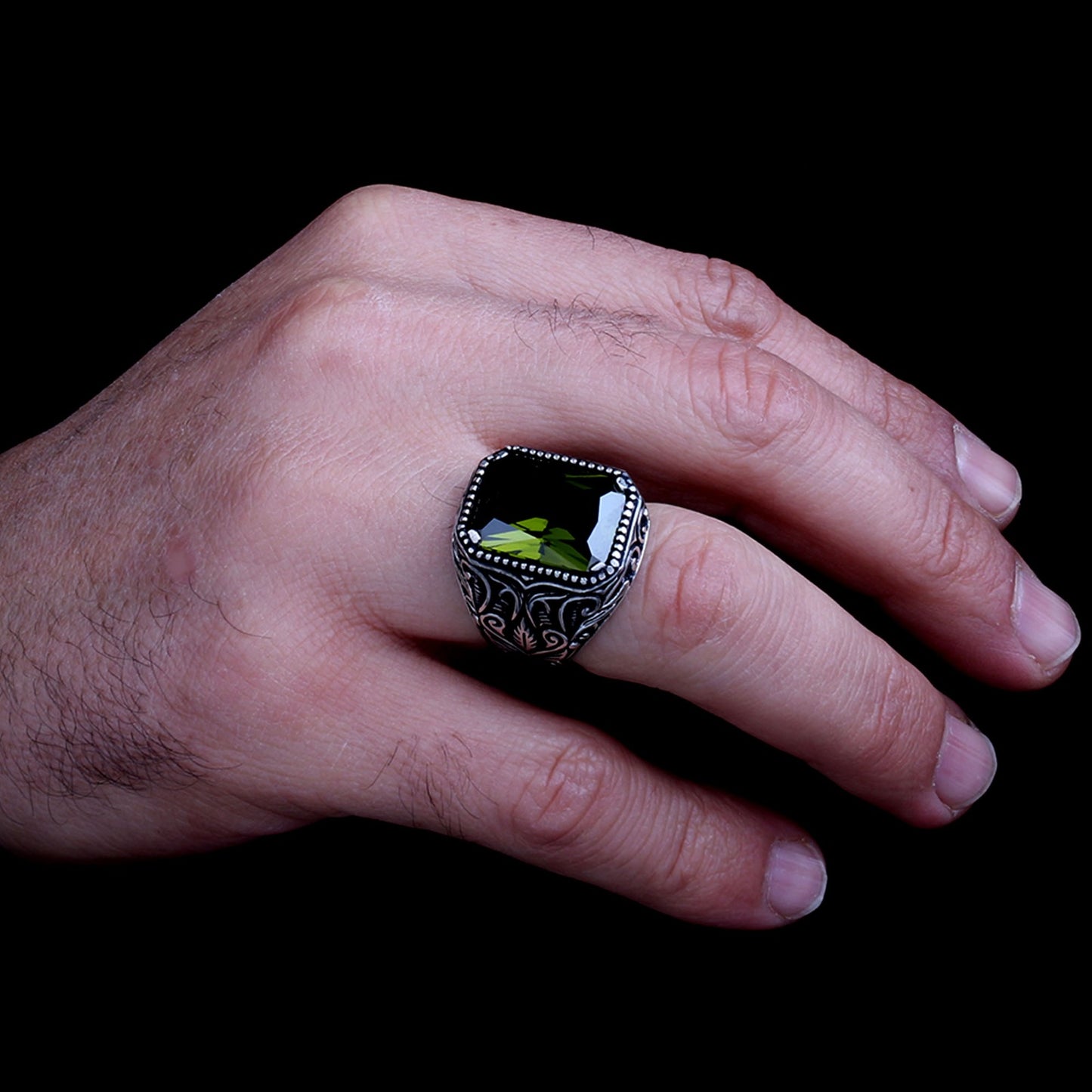 Bague pour homme en argent sterling 925 avec pierre de zircon kaki