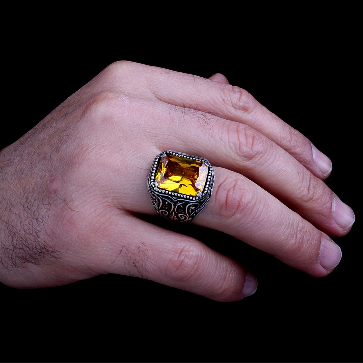 Bague pour homme en argent sterling 925 avec pierre de zircon jaune