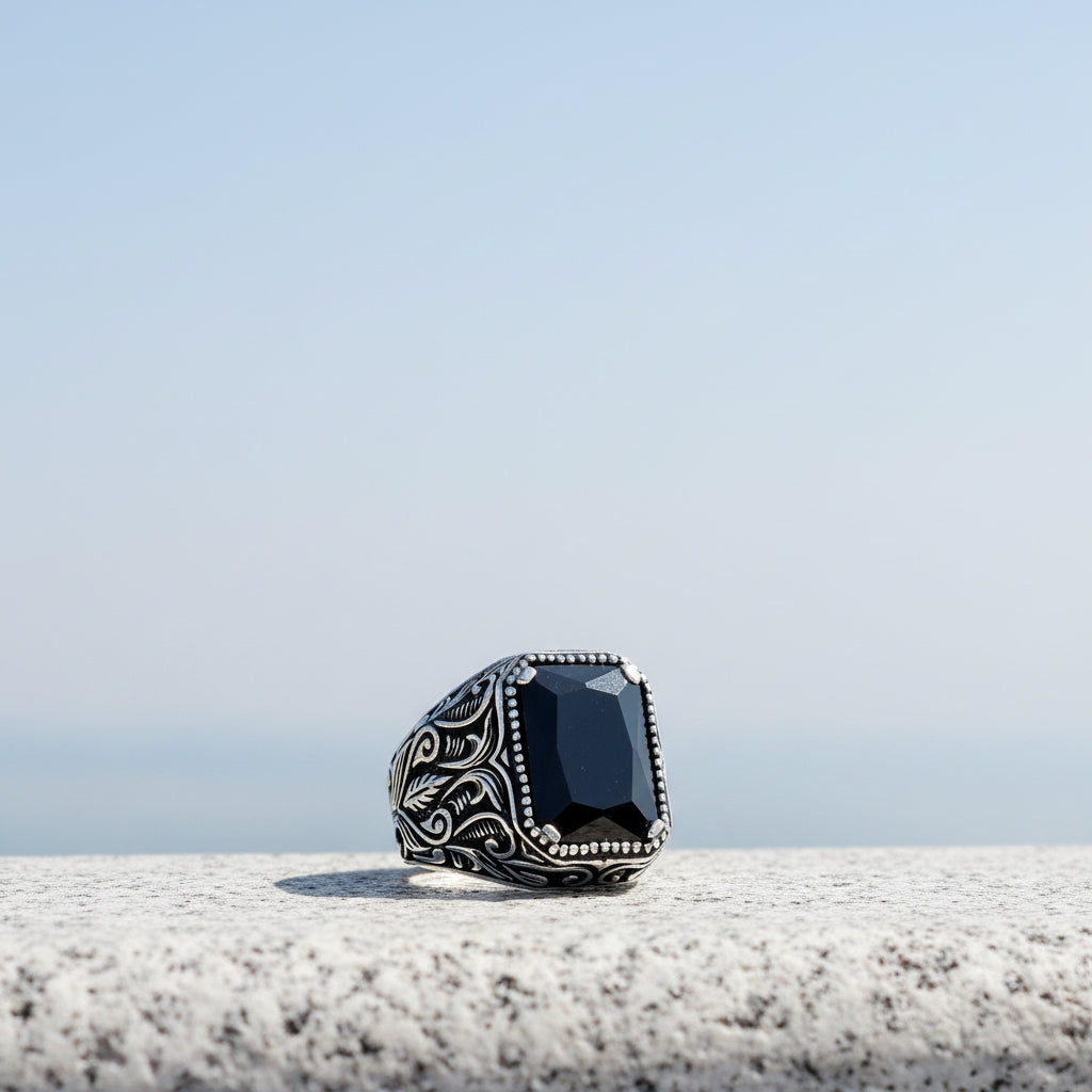 Bague pour homme en argent sterling 925 avec pierre de zircon noir