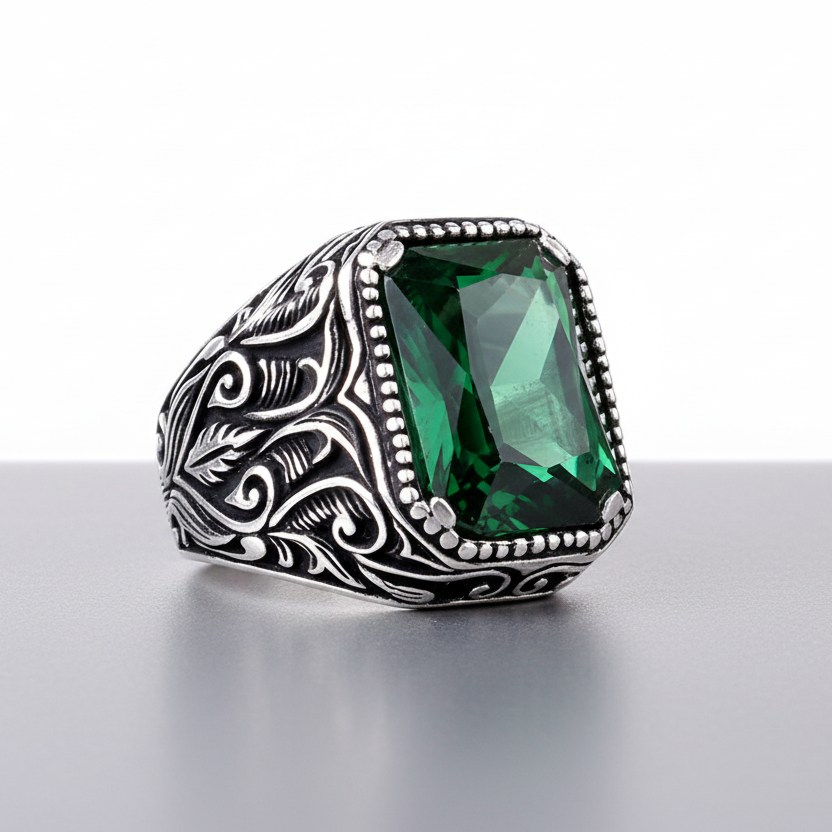 925 Sterling Zilveren Herenring met Groene Zirkoon Steen