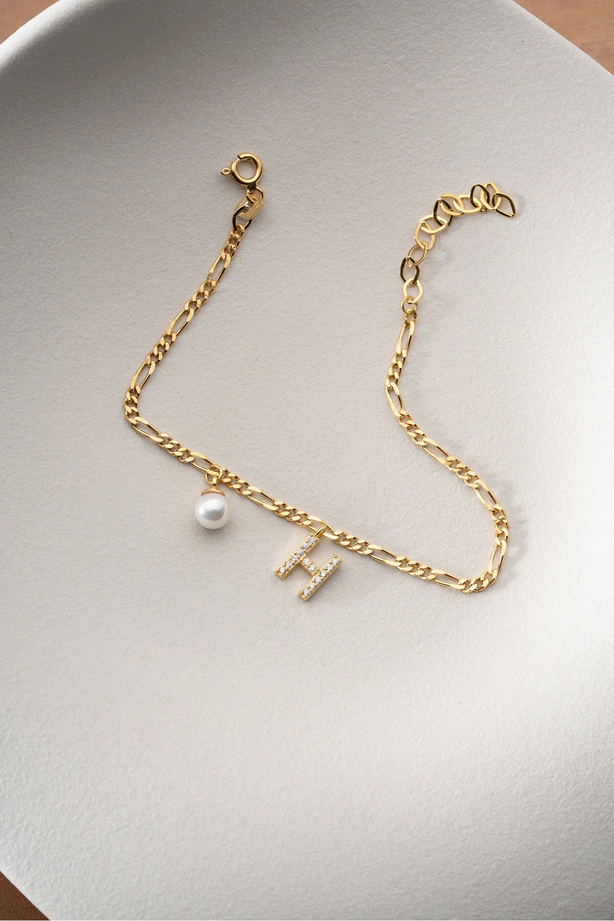 Bracelet Figaro avec Initiale & Perle | Argent 925