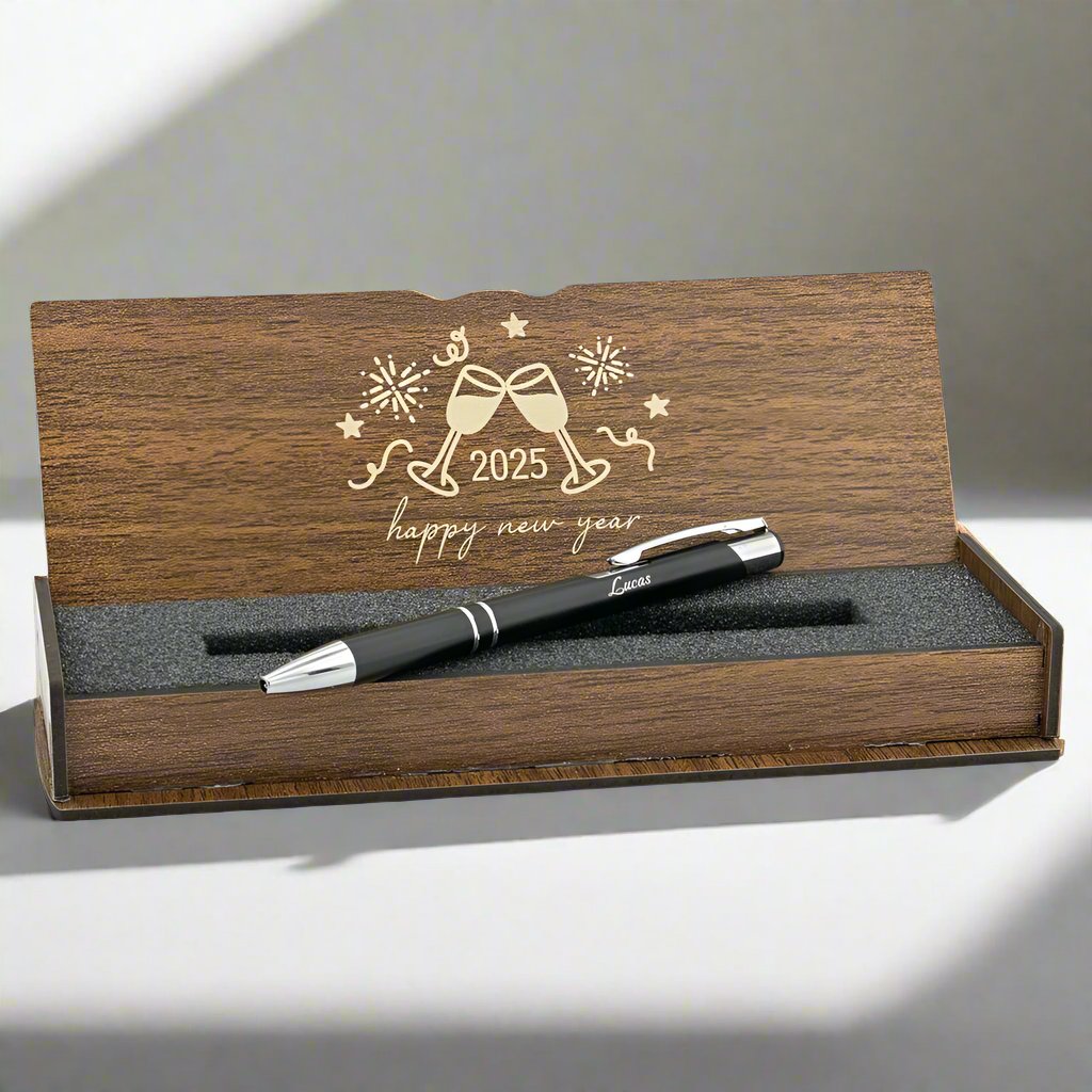 Cadeau de Noël - Ensemble de stylos personnalisés - Ensemble d'écriture avec boîte en bois gravée