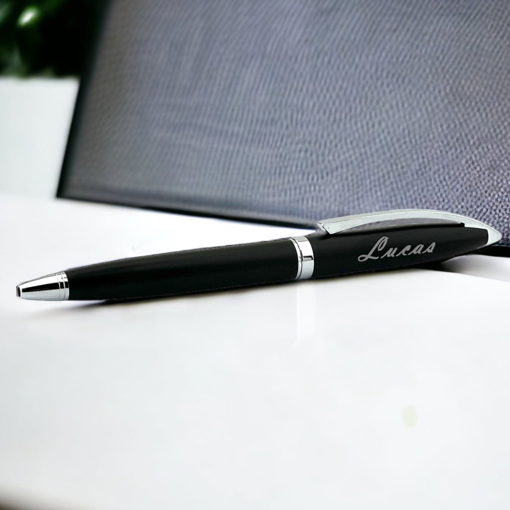 Stylo à bille noir moderne avec nom – Coffret cadeau en bois avec vœux de Noël