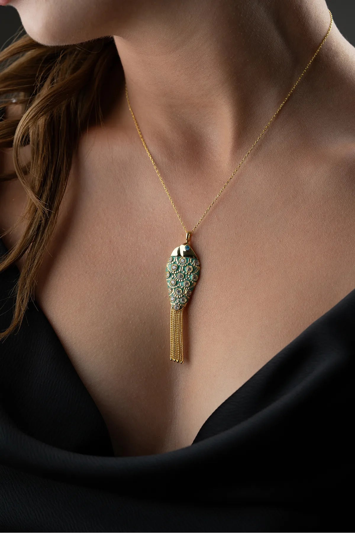 925 Sterling Zilveren Ketting met Vis en Kettingfranje