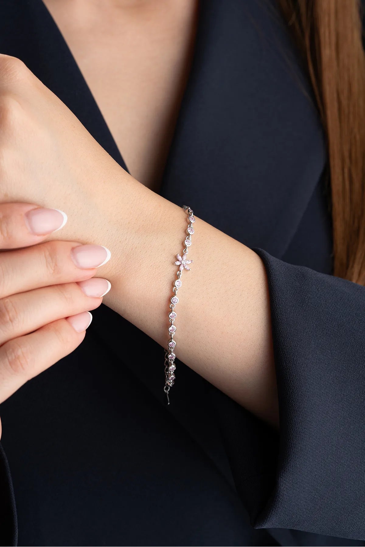 Bracelet en argent sterling 925 avec lotus rose & Conception de la ligne de flottaison