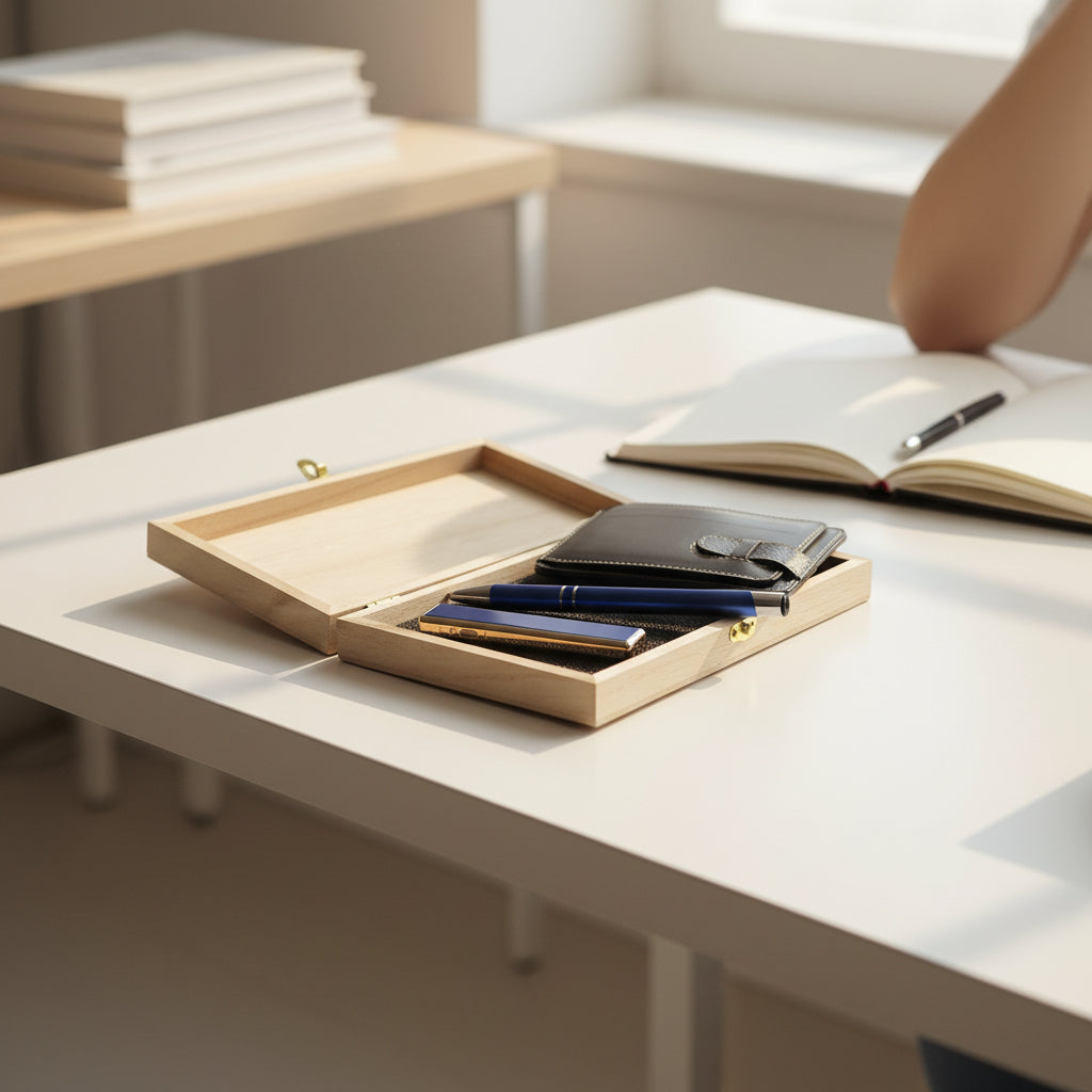 Porte-cartes en cuir personnalisé, briquet USB et coffret cadeau stylo bleu