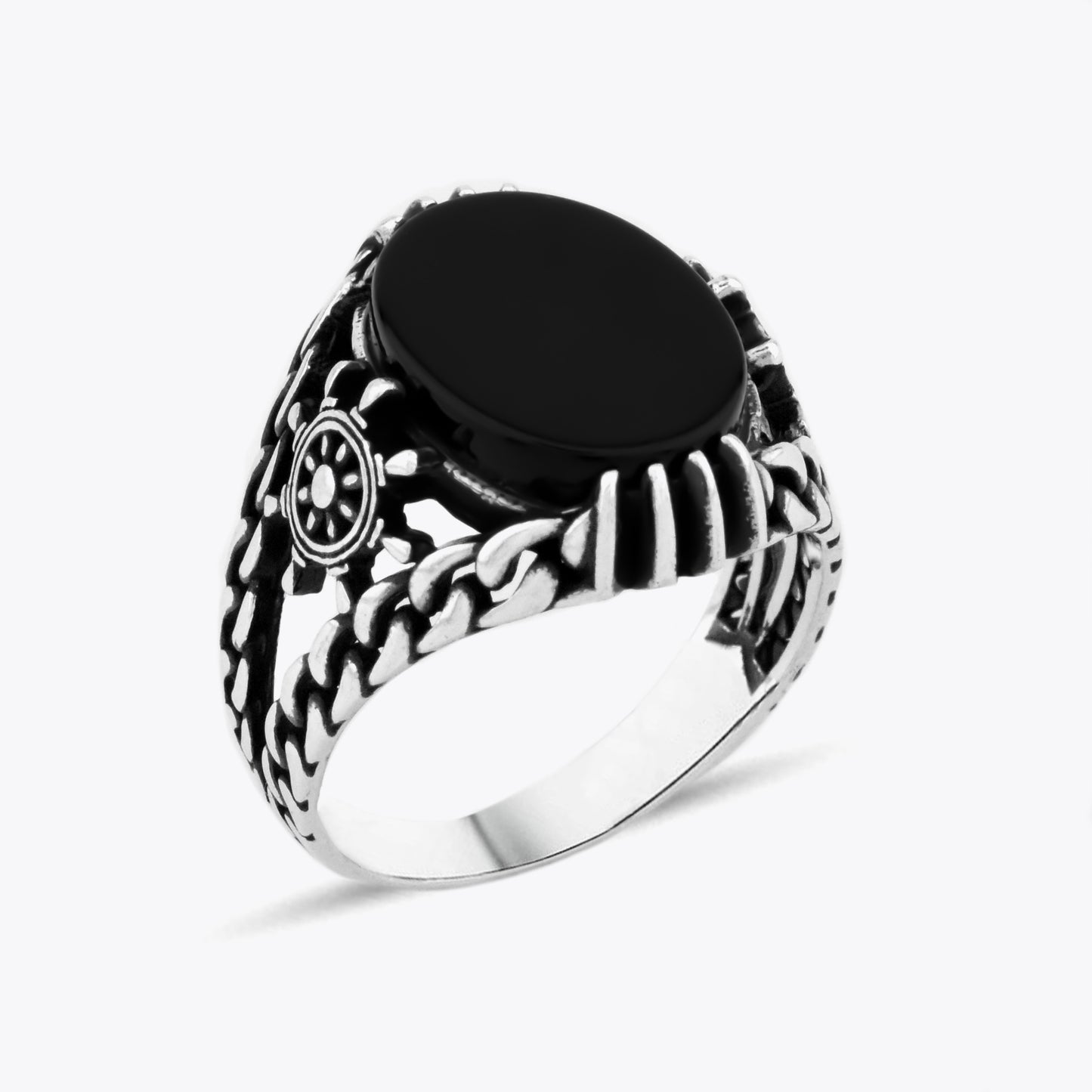 Anneau de signature de Shipwiel Silver Black Onyx pierre