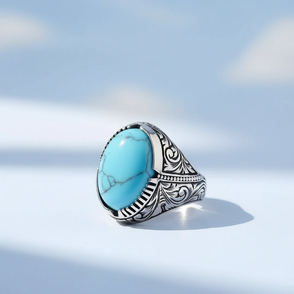 Bague En Argent 925 Avec Pierre Véritable De Turquoise - Taille 62 - Occasion Comme Neuf