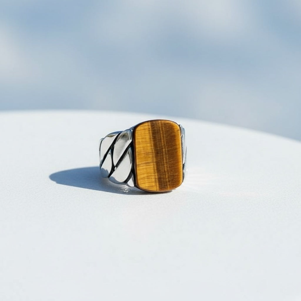 Bague pour homme en argent 925 avec pierre oeil de tigre