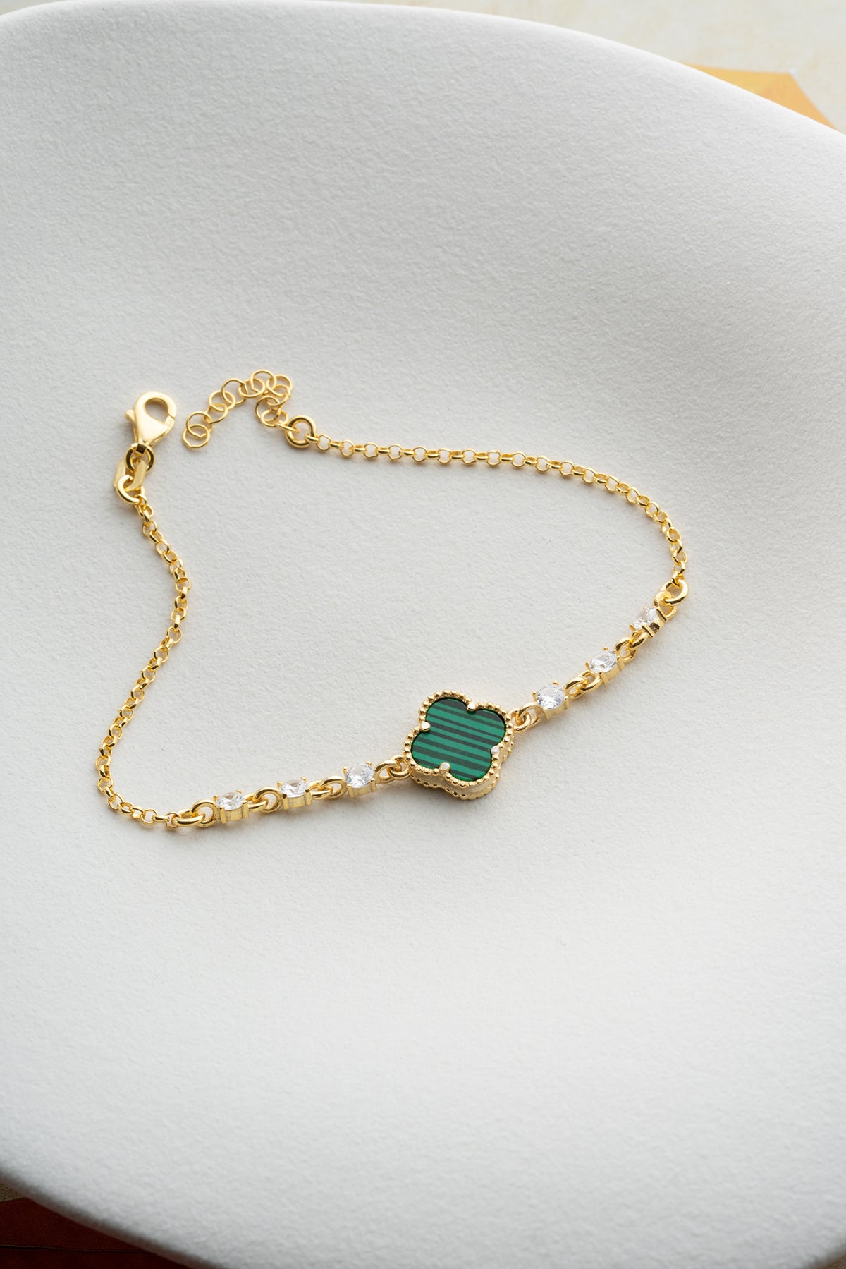 925 Bracelet en argent avec malachite klaver et zircone
