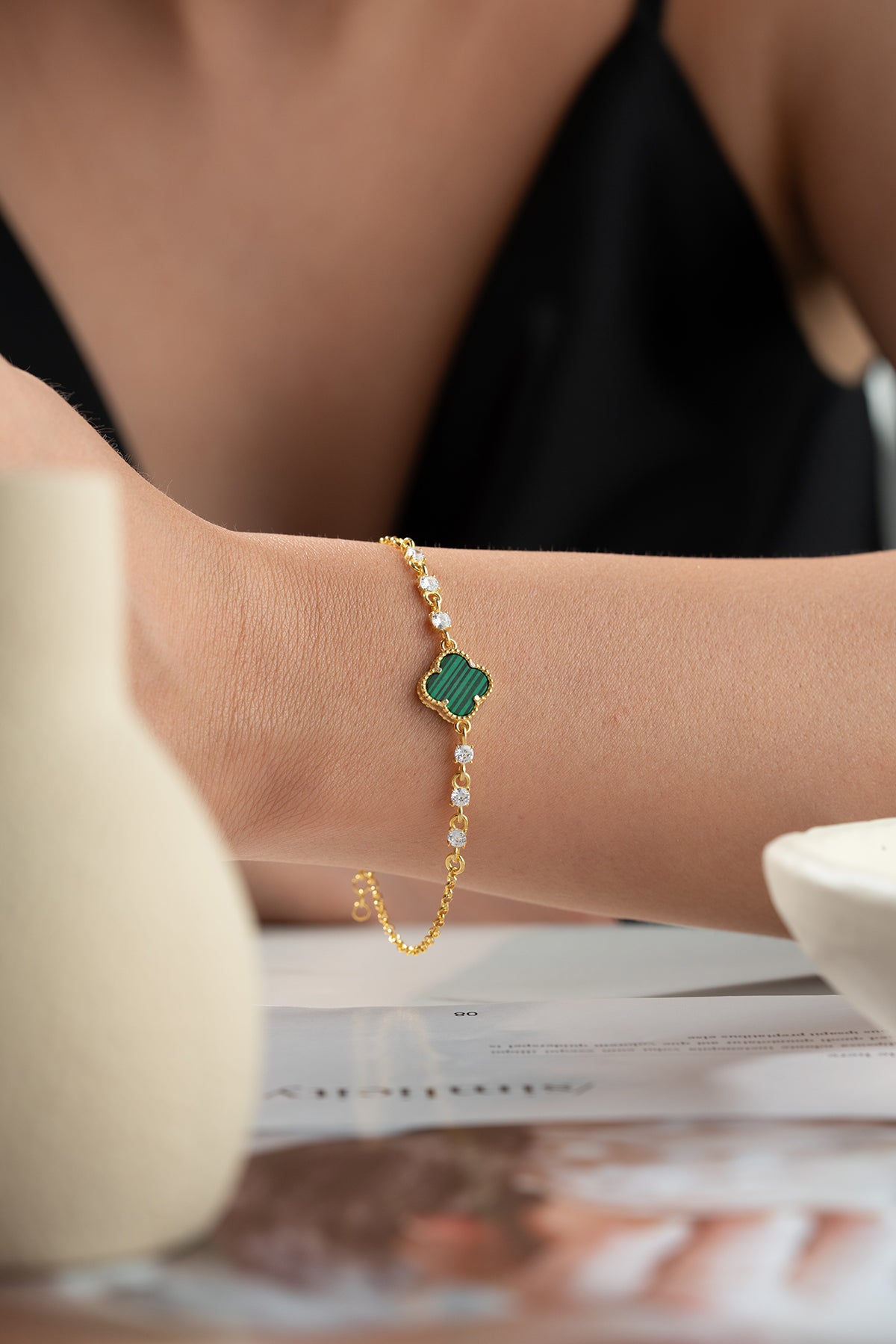 925 Bracelet en argent avec malachite klaver et zircone