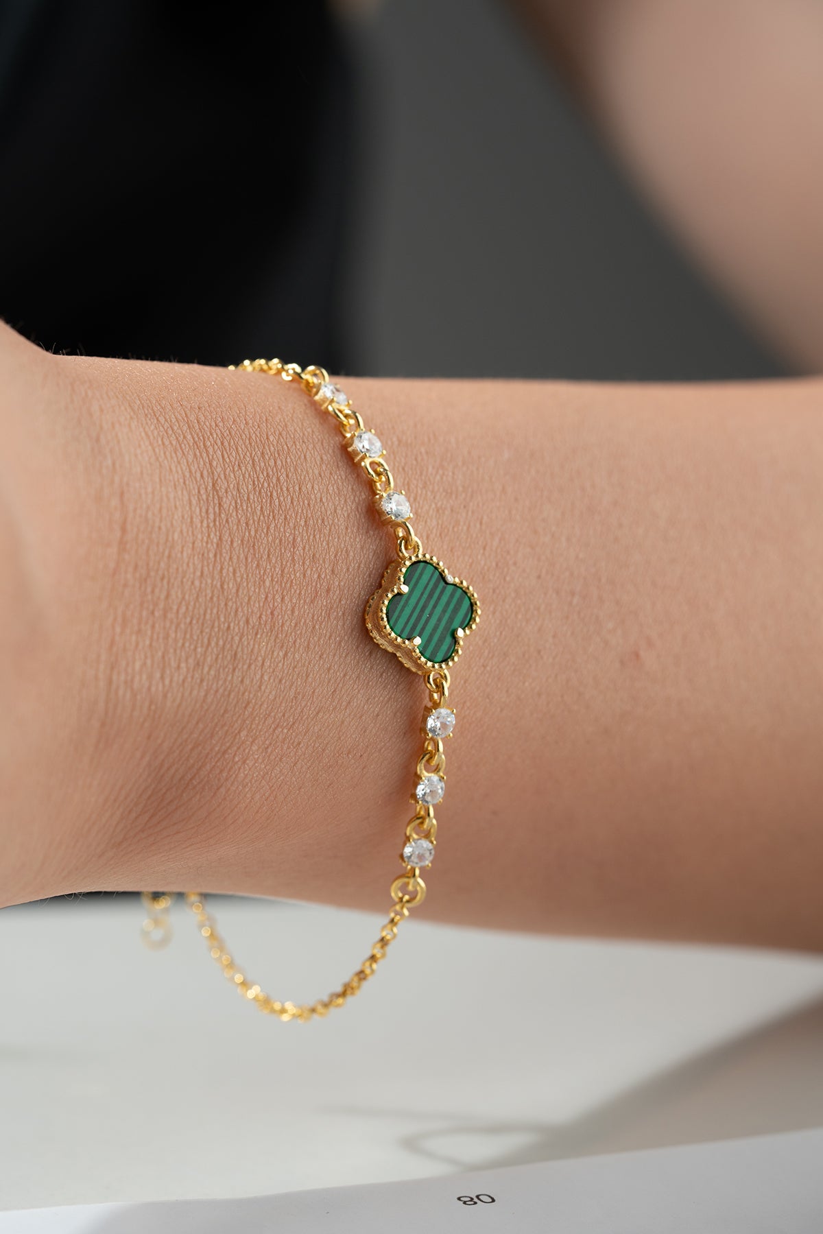 925 Bracelet en argent avec malachite klaver et zircone