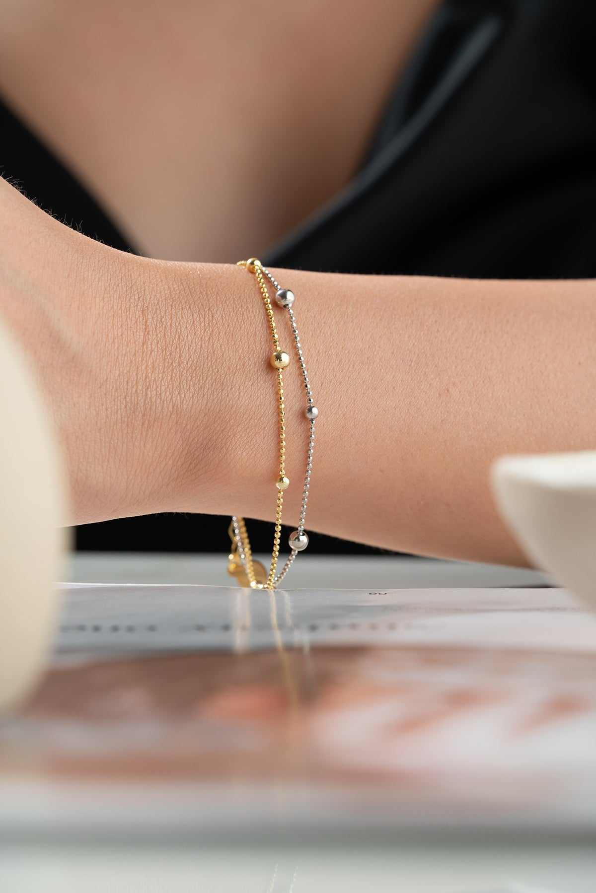 Bracelet double perle en argent 925 – Or & Argent