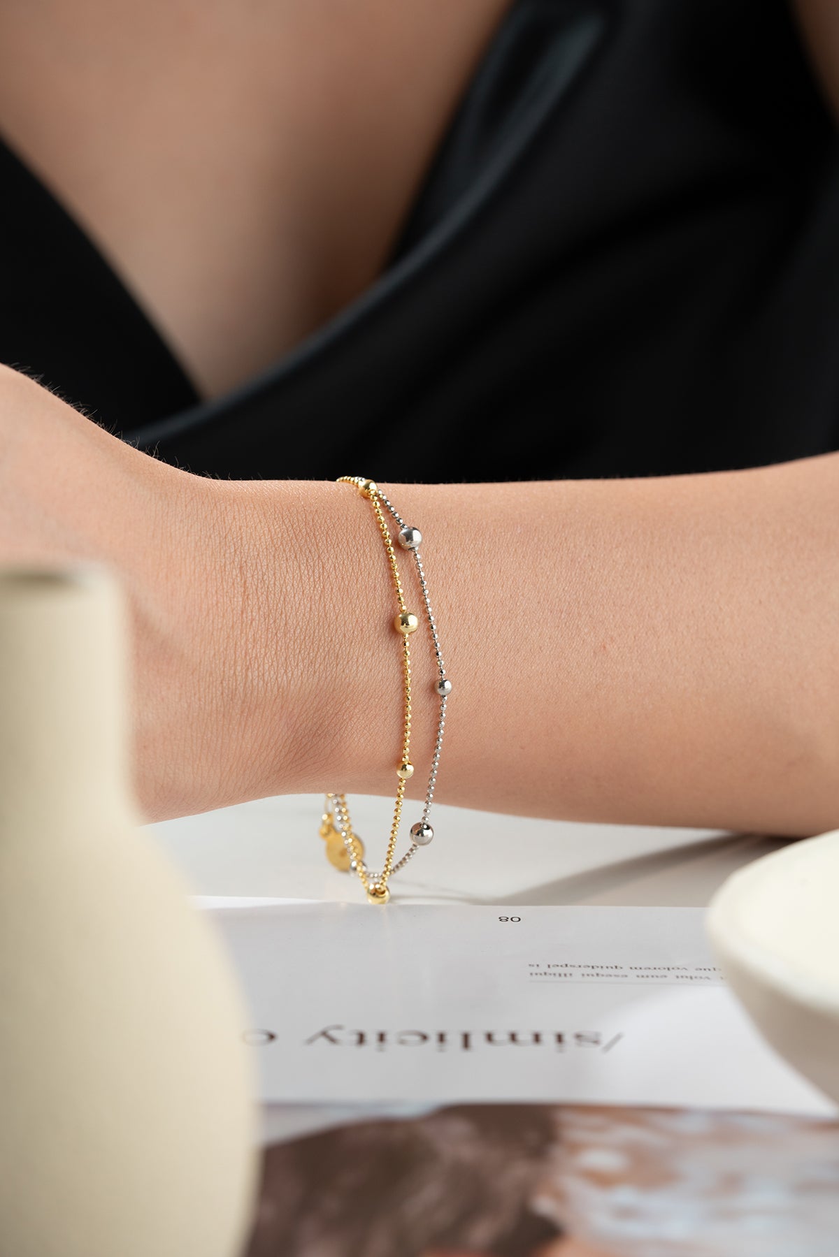 Bracelet double perle en argent 925 – Or & Argent