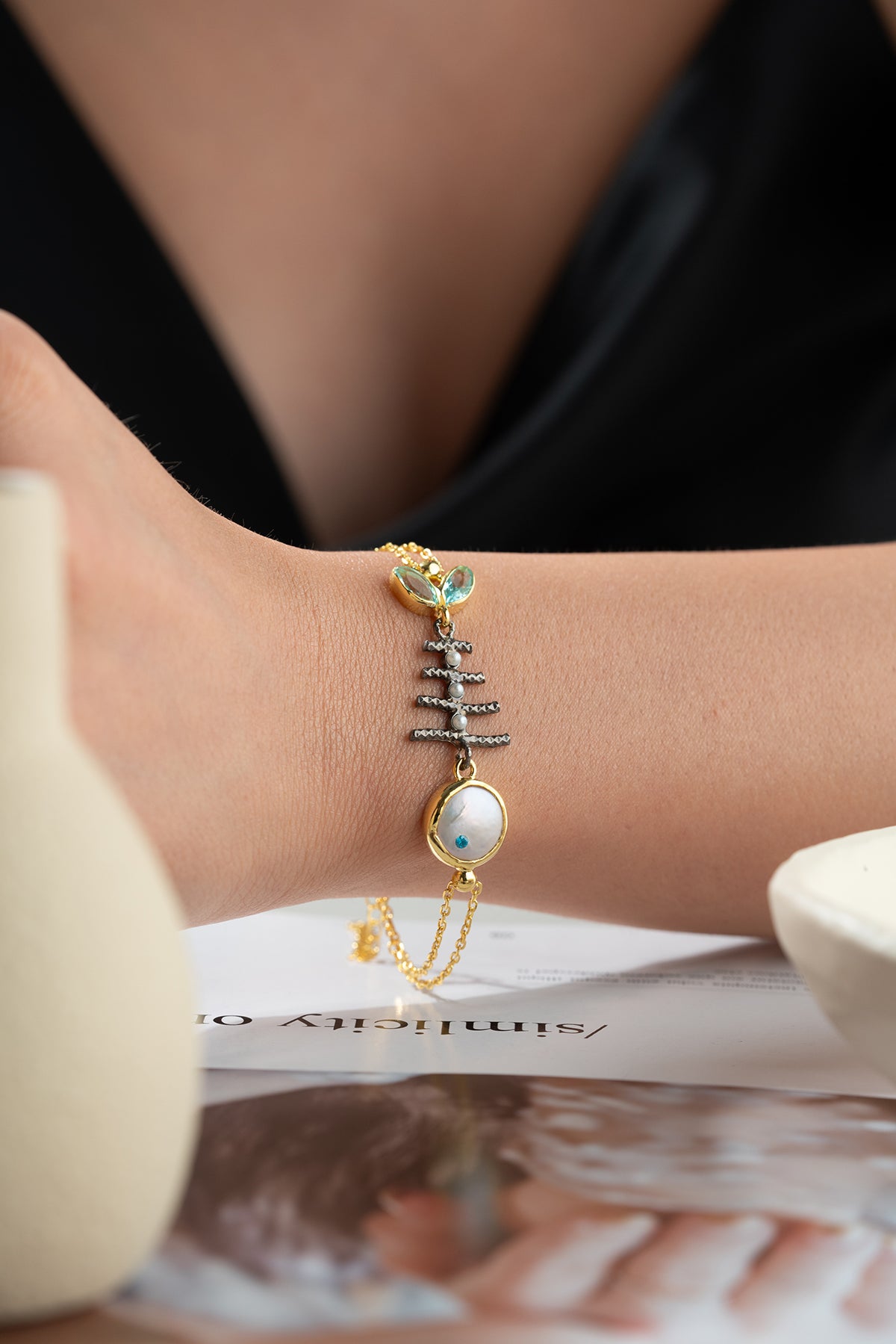 925 Bracelet en argent avec des harengs et des pierres précieuses