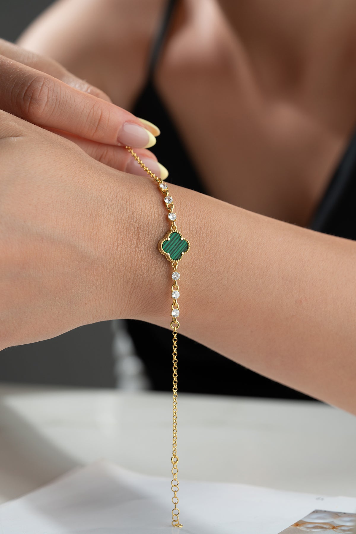 925 Bracelet en argent avec malachite klaver et zircone