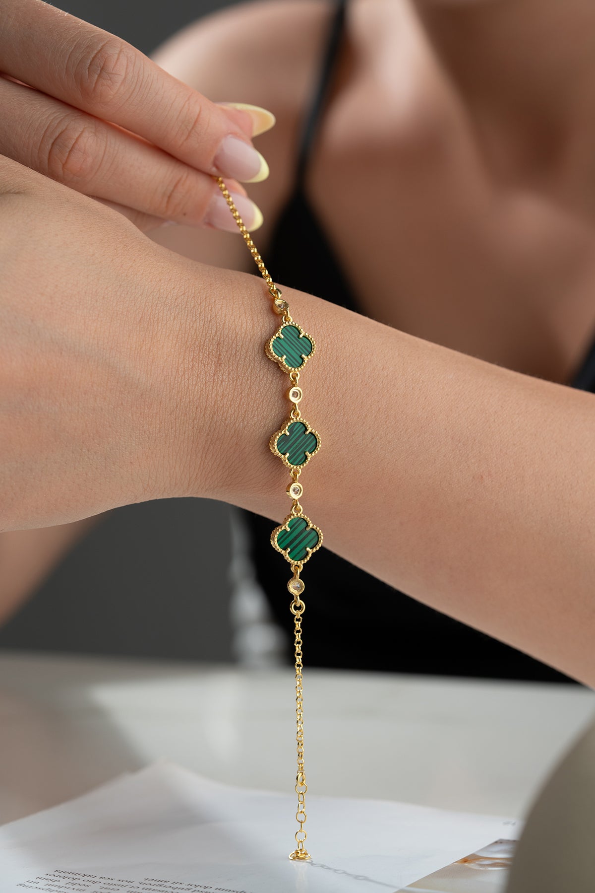 925 Bracelet en argent avec malachite klaver