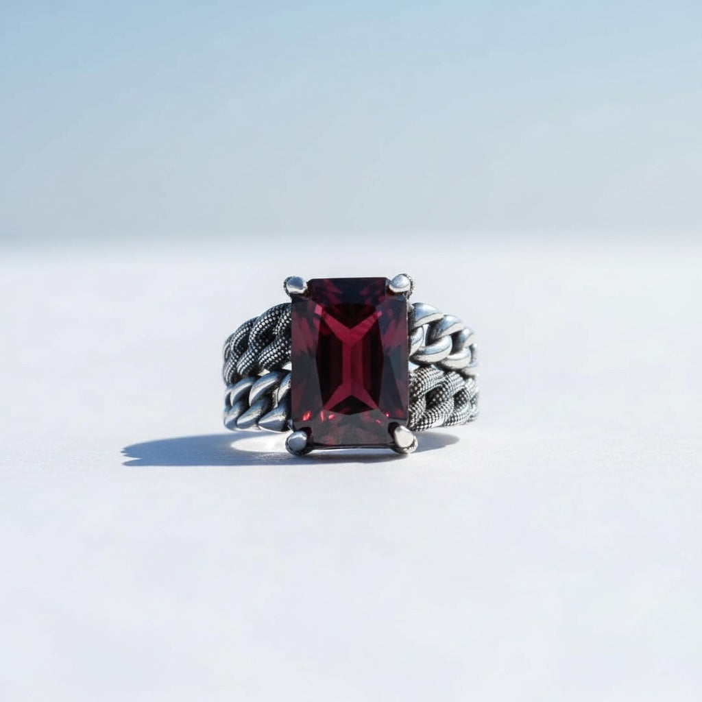 Bague pour homme en argent 925 avec pierre rouge