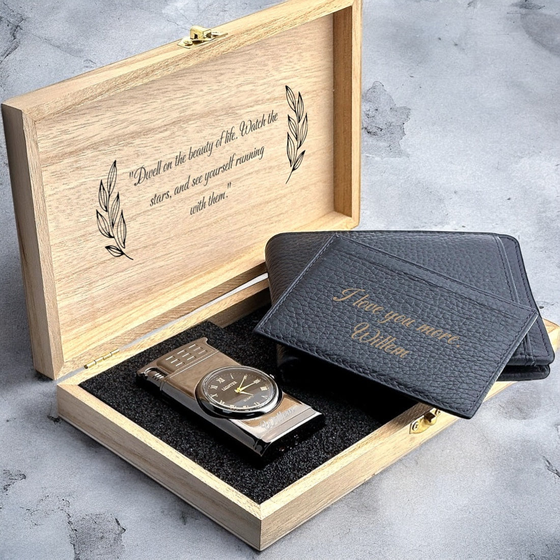 Ensemble de cadeaux de luxe: portefeuille en cuir, montre plus légère en boîte en bois - Personnalisable