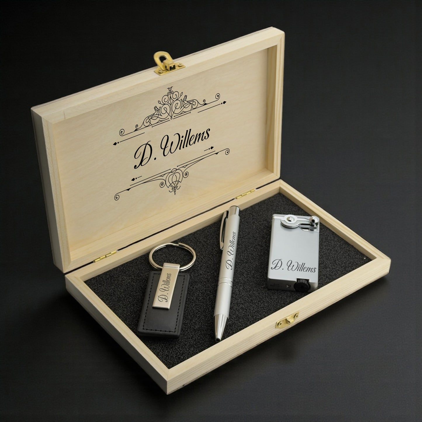 Coffret cadeau de luxe avec briquet personnel et stylo & Porte-clés