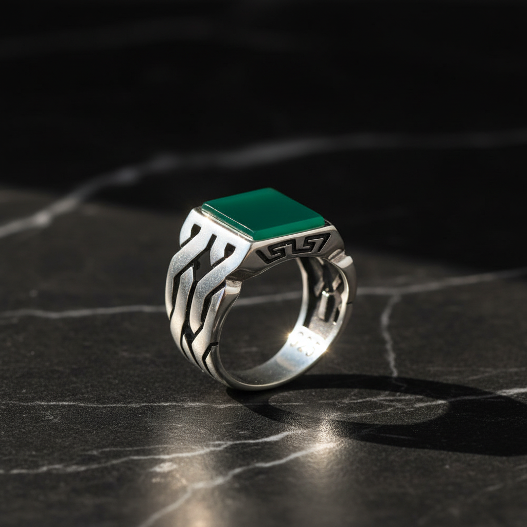 Bague pour homme en argent 925 avec pierre d'agate verte LMR262