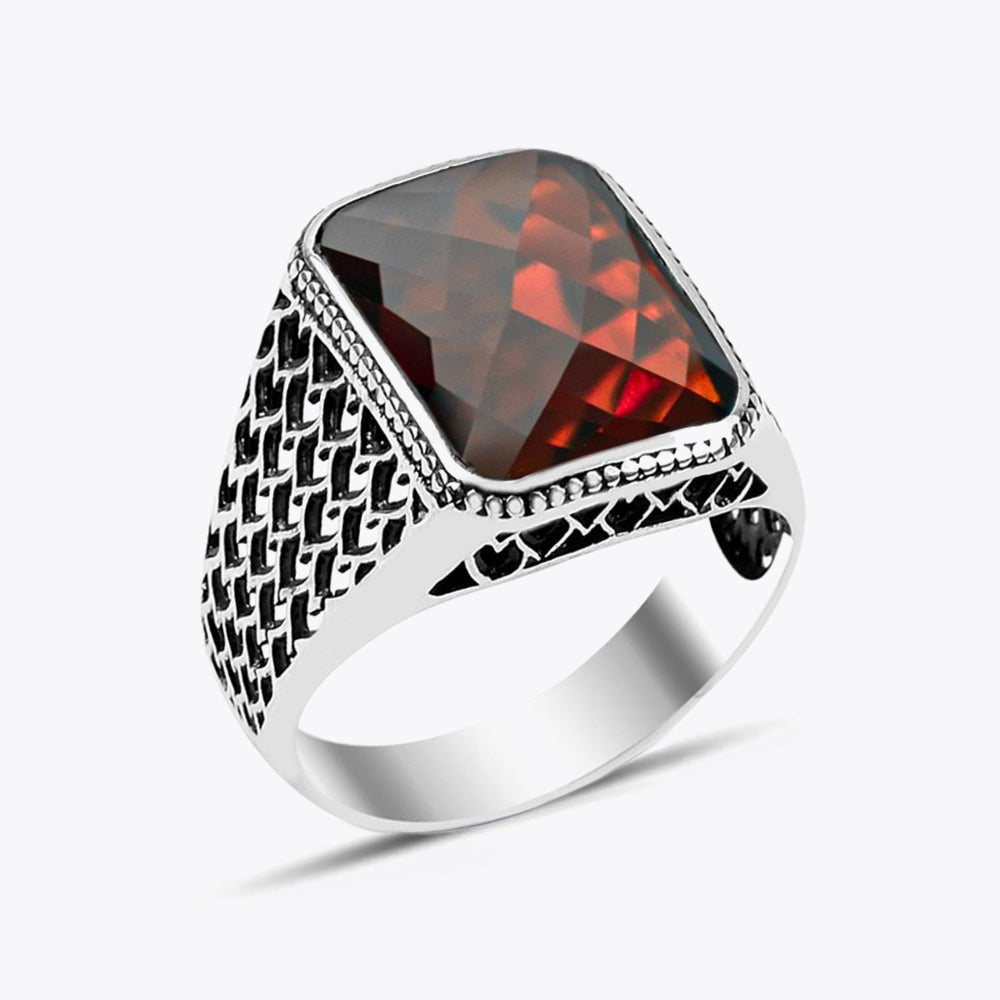 Bague pour homme en argent 925 avec pierre rouge LMR296