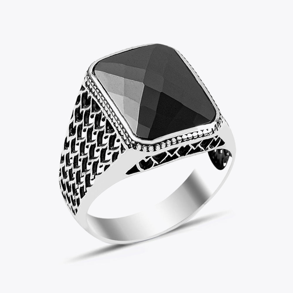 Bague pour homme en argent 925 avec pierre noire LMR295