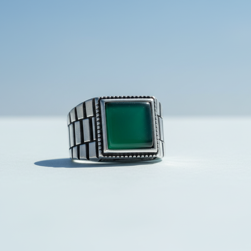 Bague pour homme en argent 925 avec pierre d'agate verte LMR341