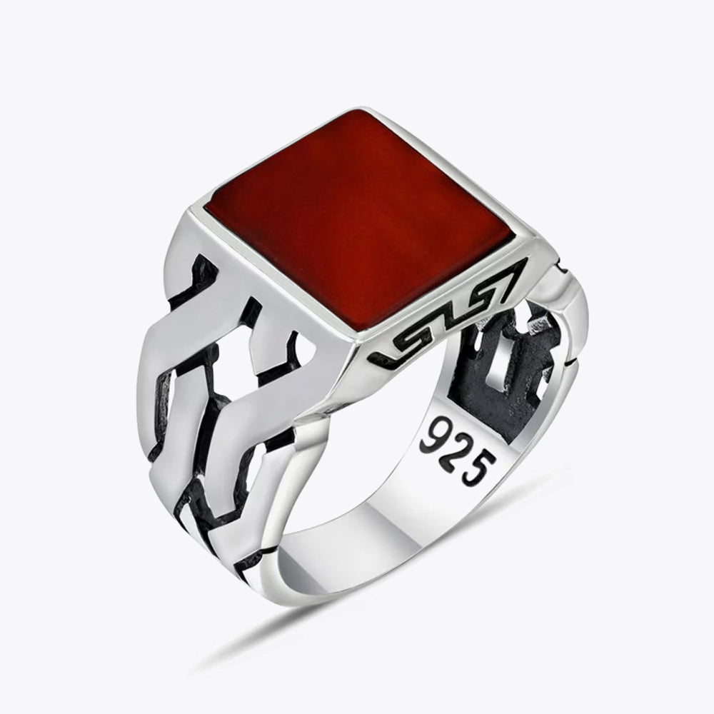 Bague pour homme en argent 925 avec pierre d'agate rouge LMR505