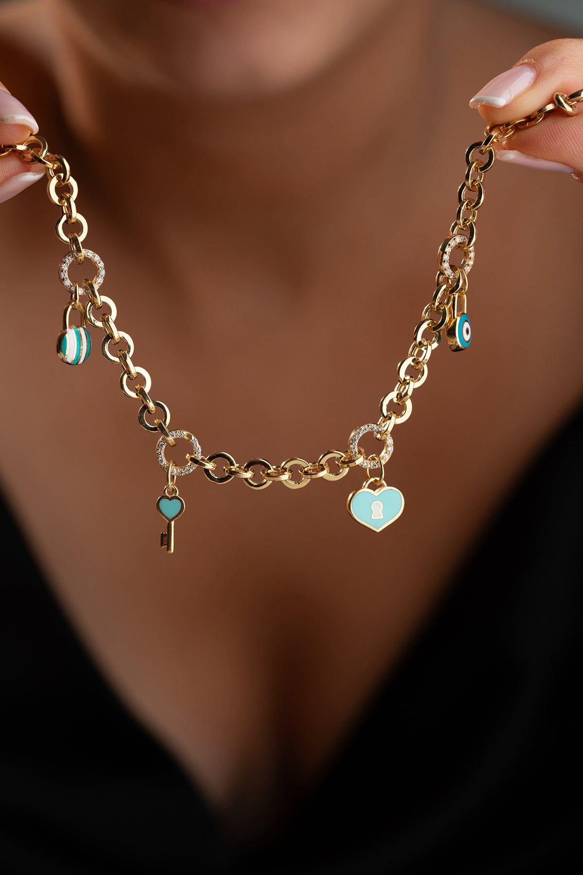Charm Armband met Hart, Sleutel en Nazar | 925 Zilver