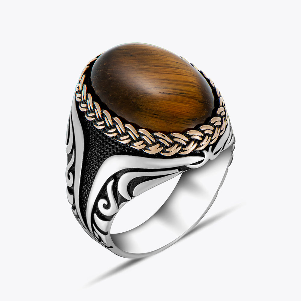 Bague pour homme avec pierre en œil de tigre