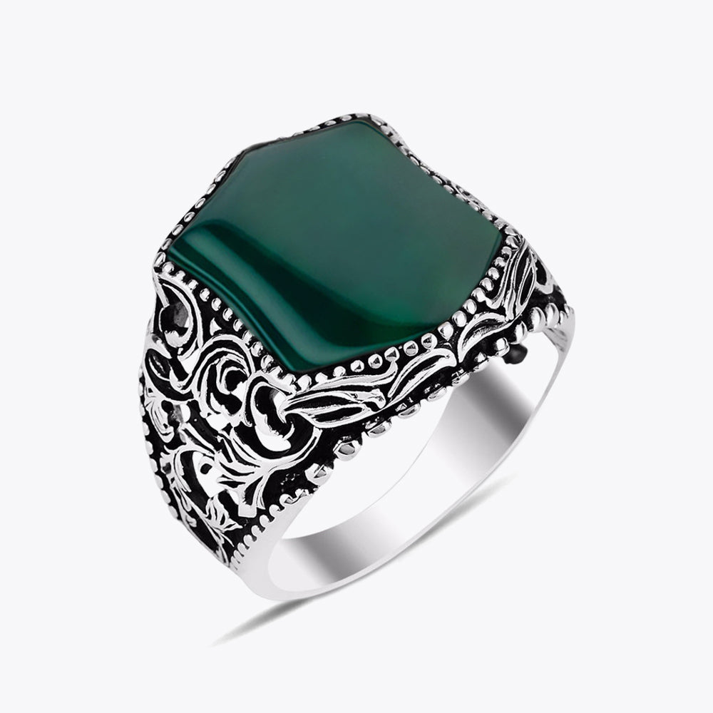 Bague pour homme en argent 925 avec pierre d'agate verte ORTBL173