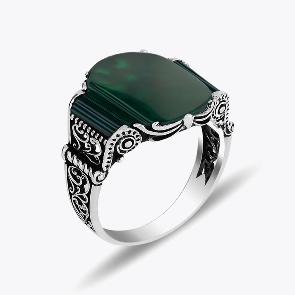 Bague pour homme en argent 925 avec pierre d'agate verte ORTBL175