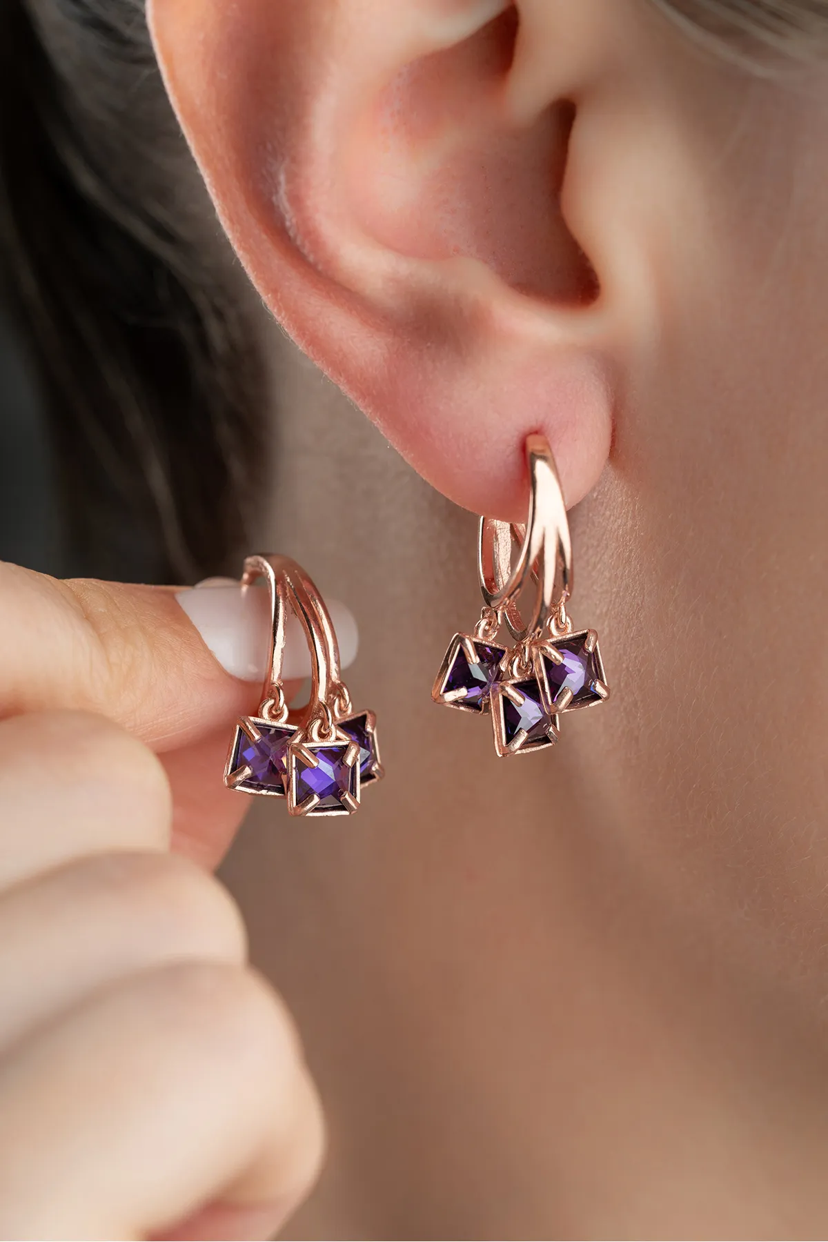 Paarse Gloed Oorbellen – 925 Sterling Zilver met Roségoud