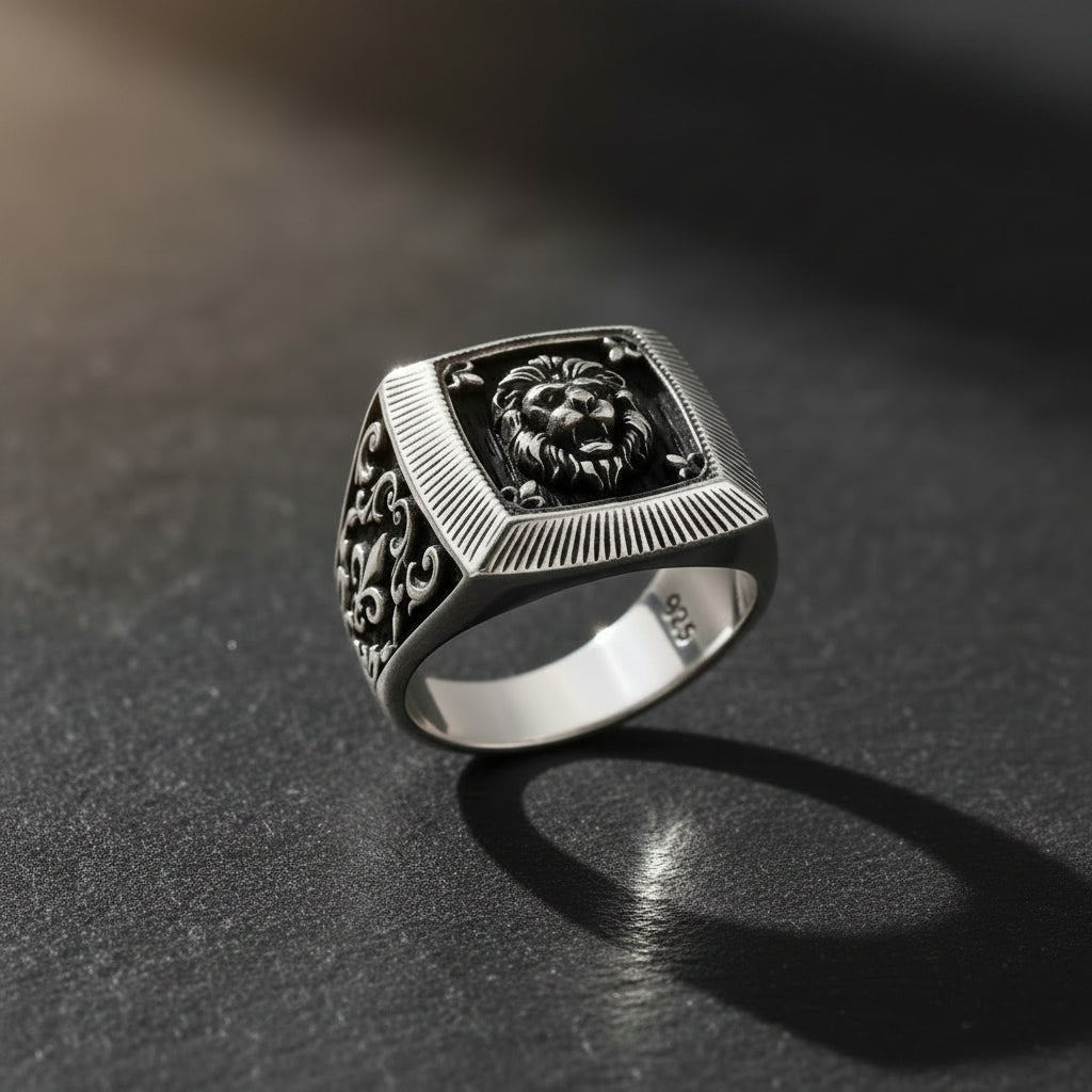 Bague en argent pour homme avec figure de lion