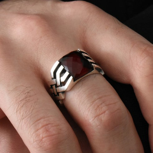 Chevalière Pierre Rouge pour Homme en Argent