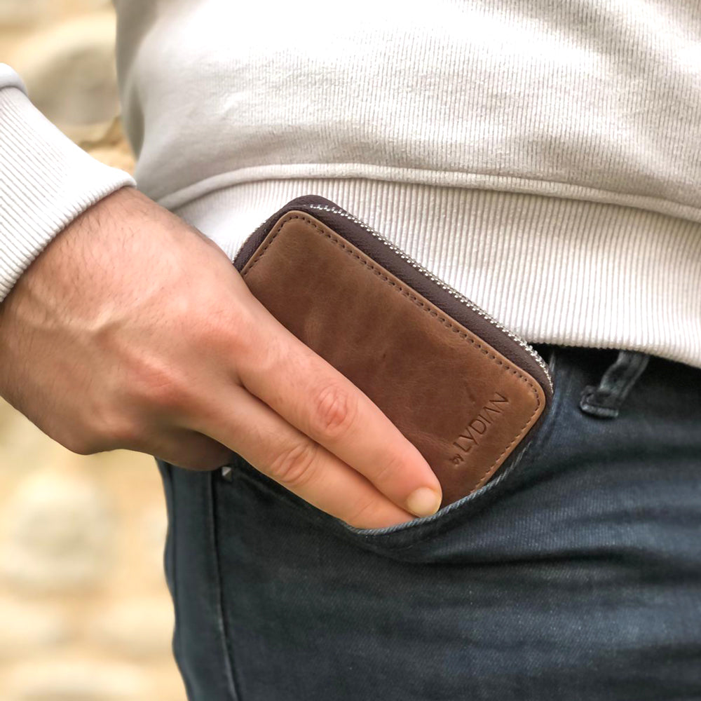 Portefeuille en cuir marron avec fermeture éclair BLW796-GK
