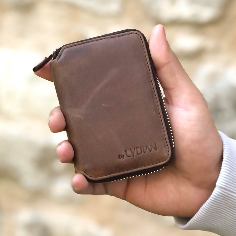 Portefeuille en cuir marron avec fermeture éclair BLW796-GK