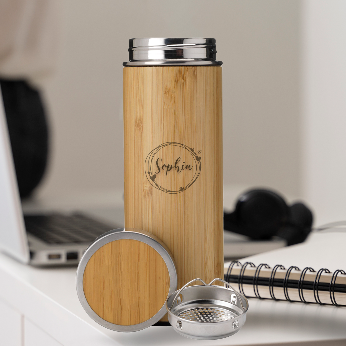 Bouteille thermos/tasse thermos en bambou de 360 ml avec texte