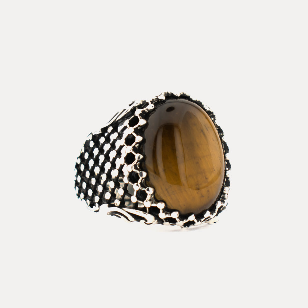 Bague ovale en argent sterling avec pierre d'oeil de tigre BLK001