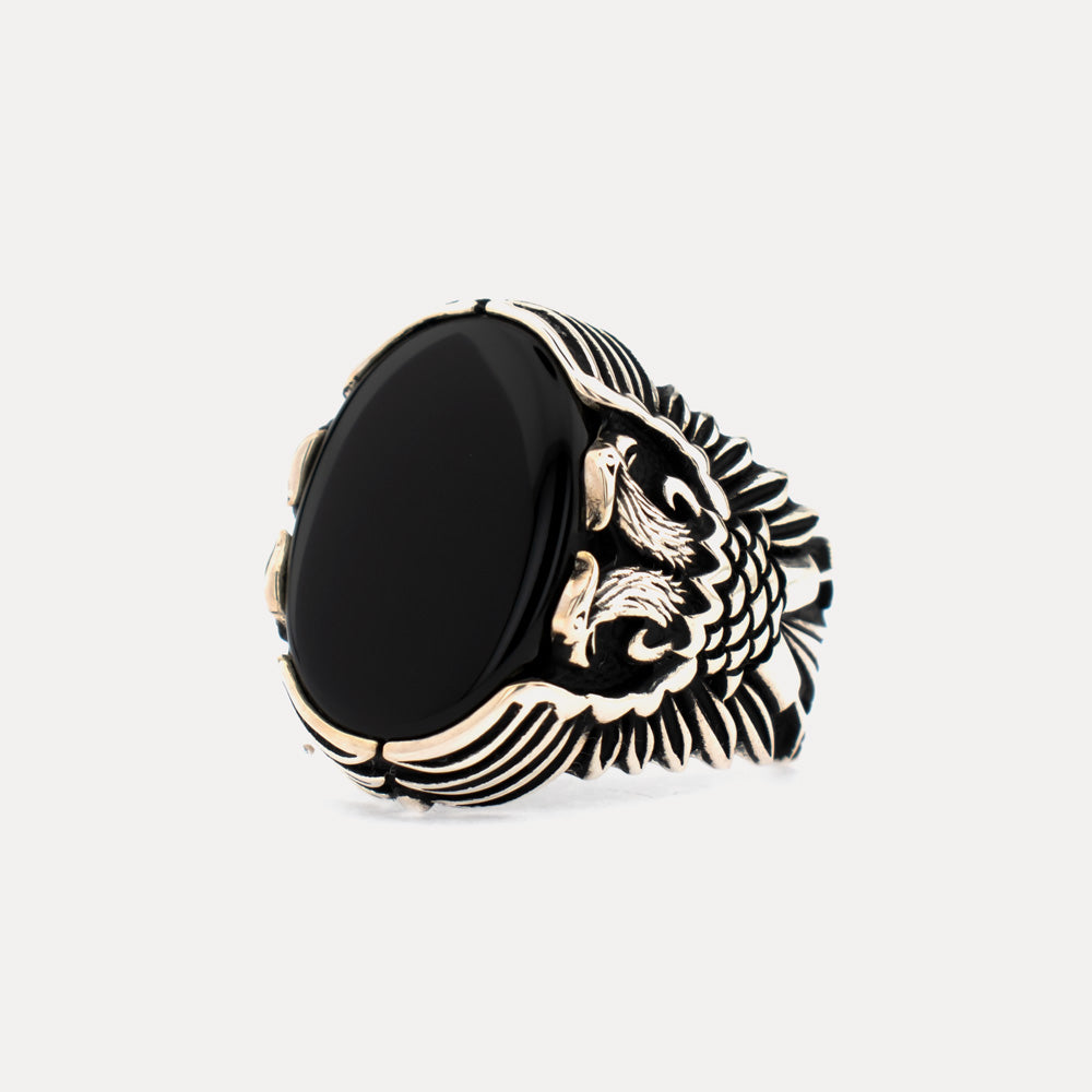 Bague en argent avec pierre d'onyx à deux têtes BLK009