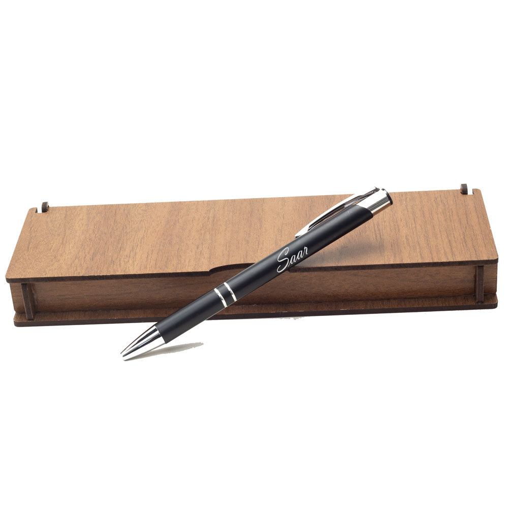 Stylo à bille noir personnalisé avec nom – Coffret cadeau de Noël en bois