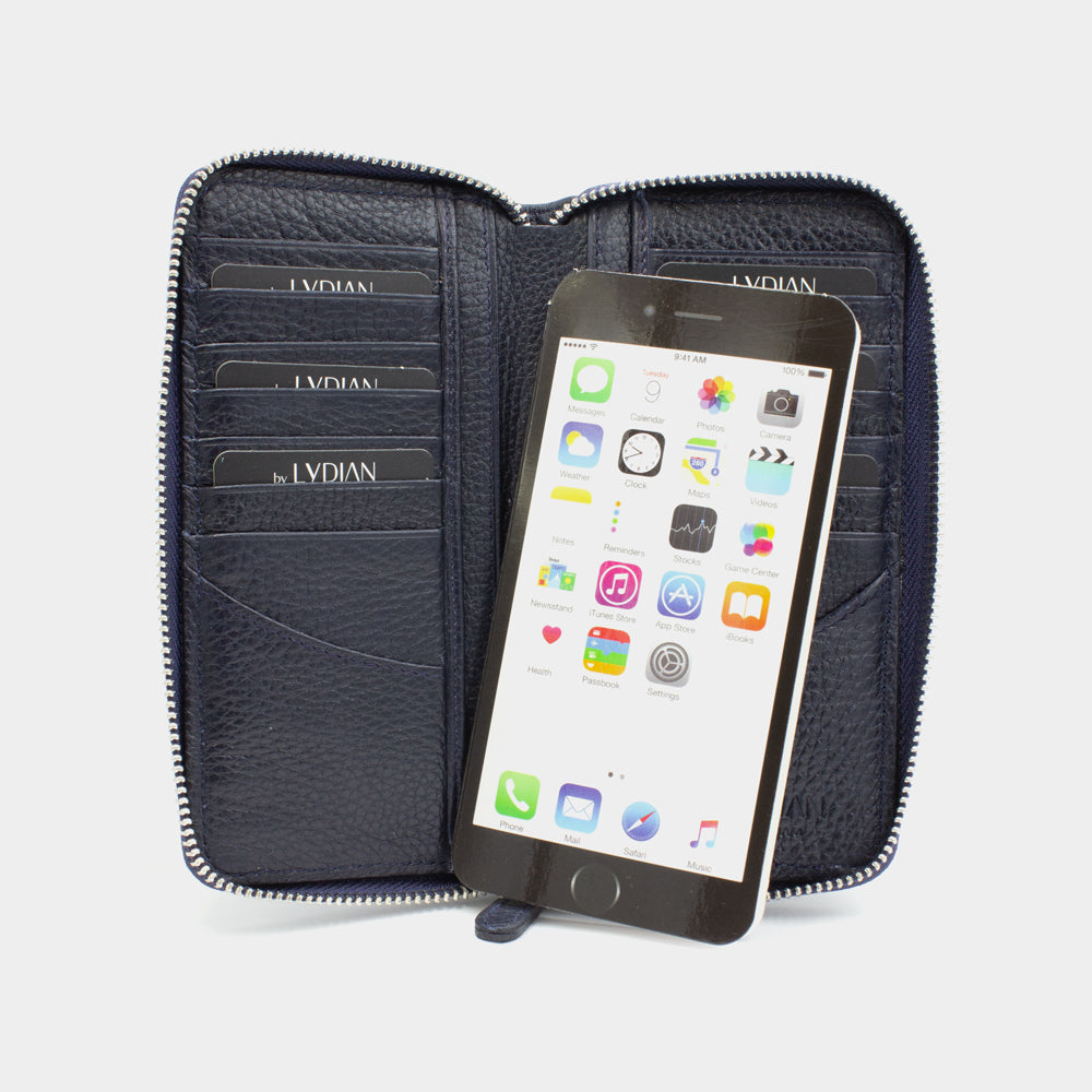 Portefeuille pour smartphone en cuir bleu avec 16 compartiments BLW3016-L